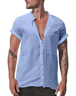 DUOLUVA Leinen Hemd Herren Sommer Hemden für Herren Sommerhemd für Herren Henley Shirt Herren Kurzarm Hellblau XL von DUOLUVA