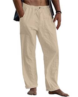 DUOLUVA Strandhose Herren Lang Baumwoll Leinenhose Herren Leichte Fit Sommerhose Herren Regular Fit Khaki XL von DUOLUVA