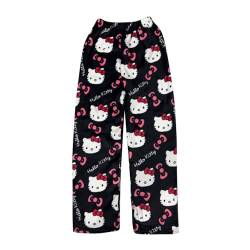 DUOROUPUTAO Damen Schlafanzug Lang Flanell Schlafanzughose Hello Kitty Pyjama Hose Freizeithose Kawaii Anime Bequeme Weich Pyjamahose mit Taschen von DUOROUPUTAO