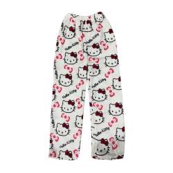 Schlafanzug Damen Hosen Lang Flanell Hello Kitty Pyjama Hose Damen Schlafhose Weich Kawaii Pyjamas Anime Bequeme Winter Schlafanzughose von DUOROUPUTAO