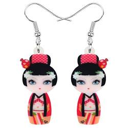 DUOWEI Acryl Anime Cute Japanisch Stil Kimono Puppe Ohrringe Charms Dangle Schmuck Geschenke für Damen Frauen Teenager Mädchen (Rot) von DUOWEI