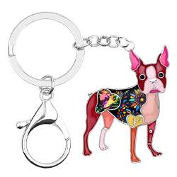 DUOWEI Emaille Tiny Boston Terrier Schlüsselanhänger Leckeres Hund Haustiers Schlüsselring Handtasche Dekoration Charme Geschenke für Frauen Mädchen (Rot) von DUOWEI