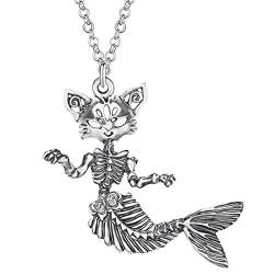 DUOWEI Halloween Totenkopf Anhänger Halskette für Damen Männer Festival Geschenke (Silberne Meerjungfrau Totenkopf Katze #6) von DUOWEI