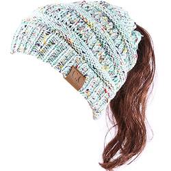 DURINM Damen Strickmütze Gestrickt Wintermütze Beanie Mädchen Zopfloch Wintermütze | Strickmütze für Pferdeschwanz Ponytail Beanie Damen Mütze Wintermütze Messy (Blau) von DURINM