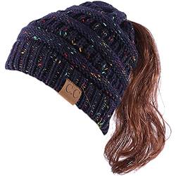 DURINM Damen Strickmütze Gestrickt Wintermütze Beanie Mädchen Zopfloch Wintermütze | Strickmütze für Pferdeschwanz Ponytail Beanie Damen Mütze Wintermütze Messy (Marine) von DURINM