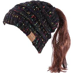 DURINM Damen Strickmütze Gestrickt Wintermütze Beanie Mädchen Zopfloch Wintermütze | Strickmütze für Pferdeschwanz Ponytail Beanie Damen Mütze Wintermütze Messy (Schwarz) von DURINM