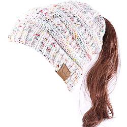 DURINM Damen Strickmütze Gestrickt Wintermütze Beanie Mädchen Zopfloch Wintermütze | Strickmütze für Pferdeschwanz Ponytail Beanie Damen Mütze Wintermütze Messy (Weiß) von DURINM