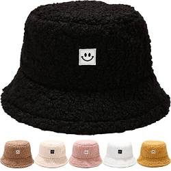 Damen Fischerhut Winter Pelzig Fischerhut Bucket Hat Winter Wärmer Eimer Hut Flauschige Fischermütze für Damen Mädchen Einheitsgröße Schlapphut Elegant Glockenhut für Outdoor Wandern Reisen (Schwarz) von DURINM