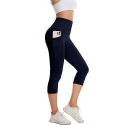 DUROFIT 3/4 Sport Leggings Damen Leggins mit Handytasche fur Sommer High Waist Capri Leggins 7/8 Yogahose Blickdicht Trainingshose Laufhose Gym Sporthose Marineblau 2XL von DUROFIT