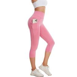 DUROFIT 3/4 Sport Leggings Damen Leggins mit Handytasche fur Sommer High Waist Capri Leggins 7/8 Yogahose Blickdicht Trainingshose Laufhose Gym Sporthose Rosa 2XL von DUROFIT