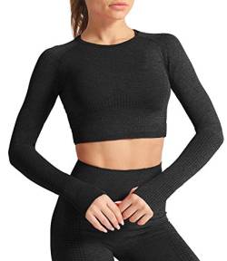 DUROFIT Damen Sport Crop Top Atmungsaktiv Yoga Tops Langarmshirt Fitness Shirt Laufshirt Sportshirt Langarm T-Shirt für Training Laufen Schwarz L von DUROFIT