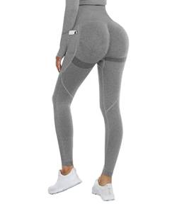 DUROFIT Scrunch Butt Leggings Damen High Waist Sport Leggings Mit Tasche Po Push Up Leggings with Pocket Booty Lift Leggins Gym Leggings Mit Handytasche Ruched Sporthose Grau M von DUROFIT