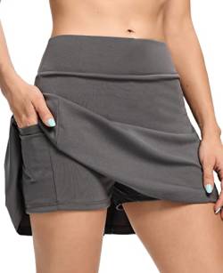 DUROFIT Skort Tennisrock Damen mit Hose, Laufrock 2 in 1 Hohe Taille Hosenrock Sport mit Taschen Dehnbar, Hockey Rock Golfrock für Laufen/Tennis/Golf/Workout Sommer,Grau,L von DUROFIT