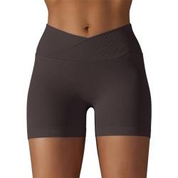 DUROFIT Sport Shorts Damen V Cross Sporthose High Waisted Booty Scrunch Butt Crossover Shorts Nahtlos Gym Shorts Leggings Kurze für Yoga Fitness Lauf Braun L von DUROFIT