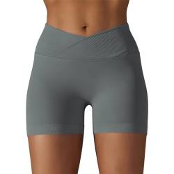 DUROFIT Sport Shorts Damen V Cross Sporthose High Waisted Booty Scrunch Butt Crossover Shorts Nahtlos Gym Shorts Leggings Kurze für Yoga Fitness Lauf Grau M von DUROFIT