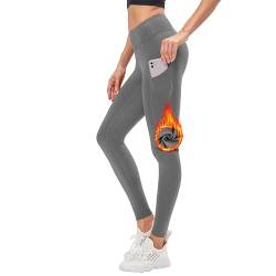 DUROFIT Thermo Leggings Damen mit Taschen Winter Warme Sport Leggins mit Fleece Gefüttert Thermische Laufhose Hohe Taille Yogahose für Outdoor Gym Wandern Grau M von DUROFIT