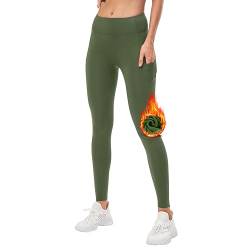 DUROFIT Thermo Leggings Damen mit Taschen Winter Warme Sport Leggins mit Fleece Gefüttert Thermische Laufhose Hohe Taille Yogahose für Outdoor Gym Wandern Grün 2XL von DUROFIT