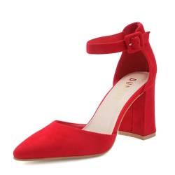 DUUCUB Low Heels Schuhe Frauen Hochzeit Knöchelriemen Kleid Geschlossene Zehe Pumps Damen Rot EU 38 von DUUCUB