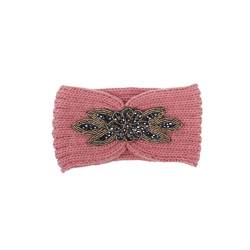 DUUDAH Haarband Kopfbedeckung, Kristall Blume Stirnband Weiche Winter Ohrwärmer Stirnband Perlen Floral Gestrickte Kopfwickel für Frauen, Rosa (Farbe: Roze) von DUUDAH