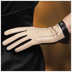 DUnLap Handschuhe Echte lederhandschuhe weibliche mode zwei töne touchscreen schaffell warm warm plushed gefüttert frauen fahrende handschuhe damen Damenhandschuhe (Color : Beige, Size : L) von DUnLap