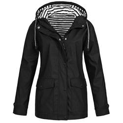 Damen Frühling Herbst Mantel bequem Solide Regenjacke Outdoor Jacken mit Kapuze Regenmantel Winddicht Parka Coat,Schwarz von DXDE