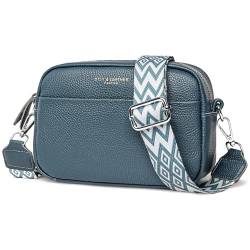 Crossbody Bag Damen, Echtes Leder Umhängetasche Damen Klein Mode Crossbody Bag Breiter Gurt, Damen Schultertaschen Handytasche zum Umhängen für Arbeiten Einkaufen Dating Reisen, Blau von DXIOKO