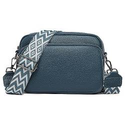 DXIOKO Crossbody Bag Damen Breiter Gurt, Echtes Leder Umhängetasche Damen Klein Schultertaschen, Mode Crossbag Damen Handytasche Zum Umhängen mit 3 Reißverschlussfächern, Blau von DXIOKO