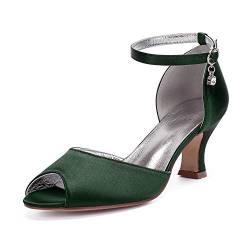 DXSYMJM Hochzeitsschuhe Damen Peep Zehen Knöchelriemchen Mittelhohem Absatz Satin Abendkleid Brautschuhe,Dark Green,39 EU von DXSYMJM