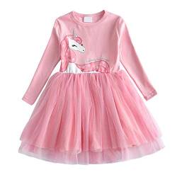 DXTON Kinder Mädchen Kleider Tüll Kleid Langarm Kleidung Frühling Herbst, Rosa4570, 6-7 Jahre von DXTON