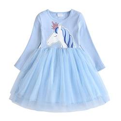 DXTON Kinder Mädchen Kleider Tüll Kleid Prinzessin Einhorn Kleid Langarm Kleidung Frühling Winter BlauLh4577 7T von DXTON