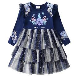 DXTON Kinder Mädchen Kleider Tüll Kleid Prinzessin Einhorn Kleid Langarm Kleidung Winter BlauLh2119 5T von DXTON