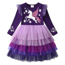 DXTON Kinder Mädchen Kleider Tüll Kleid Prinzessin Einhorn Kleid Langarm Kleidung Winter ViolettLh2212 7T von DXTON