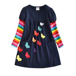 DXTON Mädchen Kleider 100% Baumwolle Kleid Langarm Herbst Winter Süße Kinder Kleidung BlauLH5805 3T,2-3 Jahre von DXTON