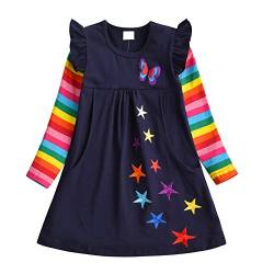 DXTON Mädchen Kleider 100% Baumwolle Kleid Langarm Herbst Winter Süße Kinder Kleidung BlauLH5808 7T,6-7 Jahre von DXTON