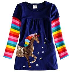 DXTON Mädchen Kleider Langarm Kleid 100% Baumwolle Süße Kinderkleidung Winter Geschenk BlauLH5806 7T von DXTON