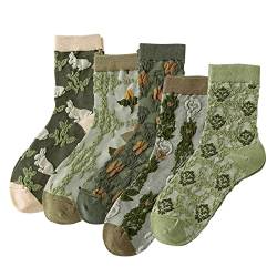 DXYAKY 5 Paar Damen Socken aus Baumwolle, Vintage-Muster, Crew-Socken, Knöchel, gerüscht, warm, lässig, Kleid, 5 Paar, Grün, Einheitsgröße von DXYAKY