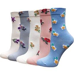 DXYAKY 5 Paar Damen Socken aus Baumwolle, Vintage-Muster, Crew-Socken, Knöchel, gerüscht, warm, lässig, Kleid, 5 Paar – Blumenmeer, Einheitsgröße von DXYAKY