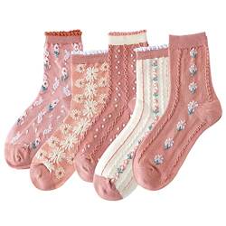 DXYAKY 5 Paar Damen Socken aus Baumwolle, Vintage-Muster, Crew-Socken, Knöchel, gerüscht, warm, lässig, Kleid, 5 Paar – Pink, Einheitsgröße von DXYAKY