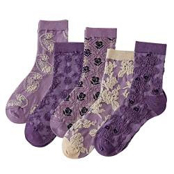 DXYAKY 5 Paar Damen Socken aus Baumwolle, Vintage-Muster, Crew-Socken, Knöchel, gerüscht, warm, lässig, Kleid, 5 Paar – Violett, Einheitsgröße von DXYAKY