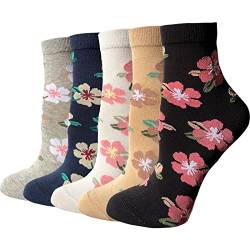 DXYAKY 5 Paar Damen-Socken mit Blumenmuster, Baumwolle, Vintage-Muster, Rundhals-Socken, Knöchel, gerüscht, warm, lässig, Socken, 5 Paar Vintage-Blumen, Einheitsgröße von DXYAKY