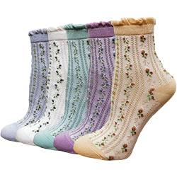 DXYAKY 5 Paar Damen-Socken mit Blumenmuster, Baumwolle, Vintage-Muster, Rundhals-Socken, Knöchel, gerüscht, warm, lässig, Socken, 5 Paar – buntes Blumenmuster, Einheitsgröße von DXYAKY