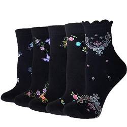 DXYAKY 5 Paar Damen Vintage Floral Baumwolle Socken Neuheit Gemusterte Kleid Socken Damen Bestickt Casual Crew Knöchelsocken, 5 Paar - Barock Stil, Einheitsgröße von DXYAKY