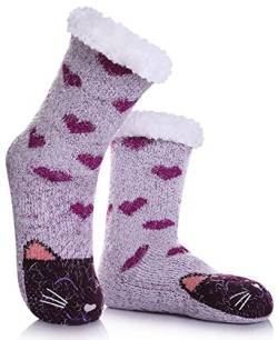 DYW Damen Winter Dicke Hausschuhe Socken mit Greifer Rutschfest Warm Fleece Futter Flauschige Fuzzy Socken Weihnachtsgeschenk, Lila Katze, Einheitsgröße von DYW