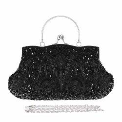 Clutch-Tasche im Vintage-Stil, florales Design, mit Perlen, glitzernd, für Abschlussball, Hochzeit, Abendtasche, Brauttasche für Frauen, Party-Handtasche, Schwarz A von DZOZO