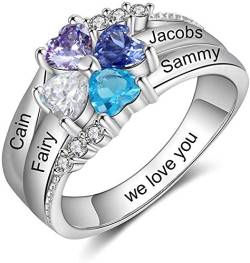 DaMei Personalisierte Damen Ringe Silber mit Gravur 4 Namen 4 Simulierte Birthstone Geburtsstein Familie Ring für Hochzeitsring Verlobungsring für bff Freundin Ehefrau Mutter (Silver, 57 (18.1)) von DaMei