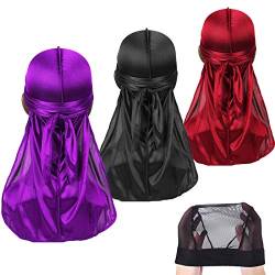 3 Stück Seidige Durag Packung mit Wellenkappe für Männer Frauen Wellen, Satin Doo Rag, Kopfwickel Durag Langen Schwanz Kopftuch Sanft Deckel für Haarwellen von DaMohony