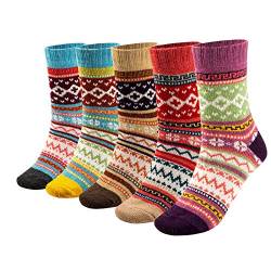 Damen Wintersocken warm, Damen Wollsocken 5er Pack dick gestrickt Vintage weich warm Casual Socken gemütlich Crew Socken Geschenke für Frauen Mädchen Zuhause Wandern Gr von DaMohony