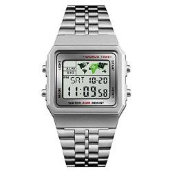 Herren-Digitaluhr, Stoppuhr mit Wecker, Weltzeit, Datum, Woche, Metallband, Outdoor, Business Armbanduhr, silber von DaMohony