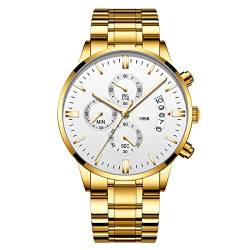 Luxuriöse Herren-Armbanduhr, Edelstahlband, 30 m, wasserdicht, analog, Quarz, Stoppuhr, Goldenes Band + Weiß von DaMohony