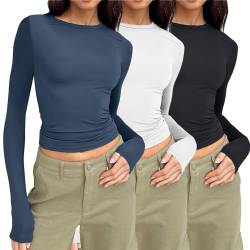 DaPongZhi 3er Pack Langarmshirt Tunika Damen Basic T-Shirt Crop Top Y2K Slim Fit Oberteile Casual Rundhals Tee Shirt Einfarbig Basic Tops Teenager Streetwear (01-C, S) von DaPongZhi